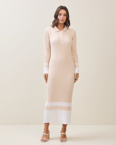 Colorblock polo rib-knit mixi dress