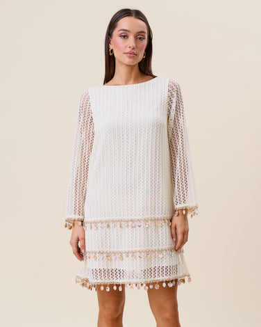 Embellished open knit mini dress