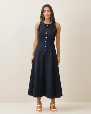 Stretch-cotton twill button midi dress