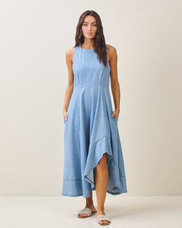Asymmetric denim midi dress