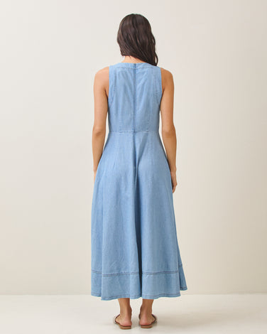 Asymmetric denim midi dress