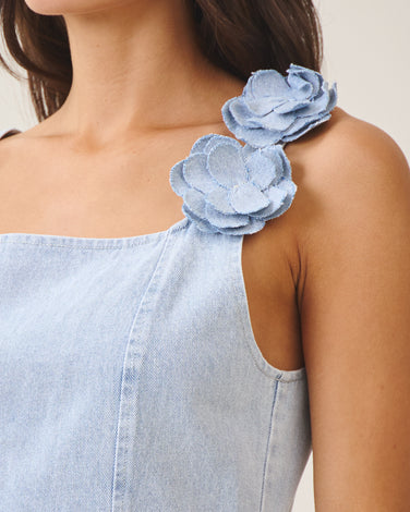 3d floral applique denim mini dress