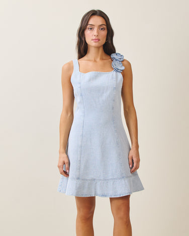 3d floral applique denim mini dress