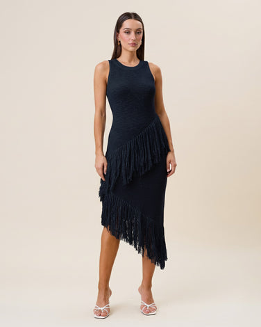 Asymmetric fringe midi dress