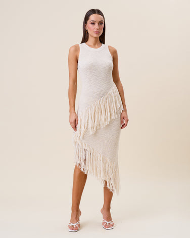 Asymmetric fringe midi dress