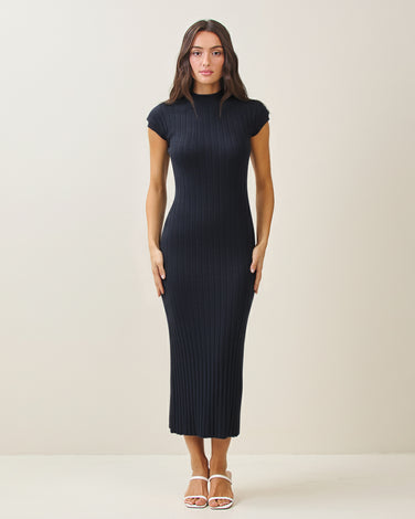 Mockneck cab sleeve rib-knit maxi dress