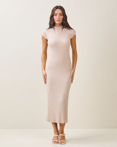 Mockneck cab sleeve rib-knit maxi dress
