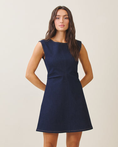 Sleeveless side ruched denim mini dress
