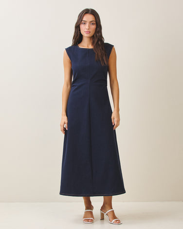 Sleeveless side ruched denim maxi dress