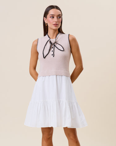 Whipstitch bow sweater vest mini dress
