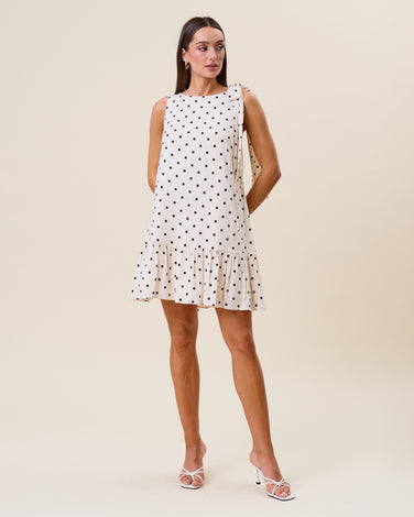 Polka dot bow shoulder ruffle mini dress