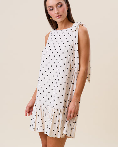 Polka dot bow shoulder ruffle mini dress