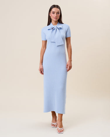 Tie neck short sleeve ribbed knit dress