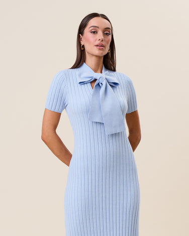 Tie neck short sleeve ribbed knit dress