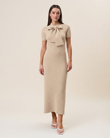 Tie neck short sleeve ribbed knit dress