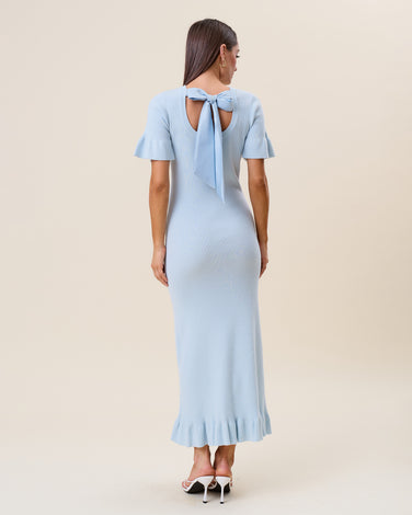 Open bow back short sleeve ruffle sweater dress