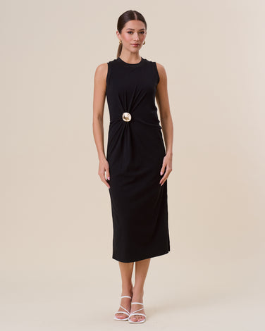 Gathered maxi dress with gold brooch