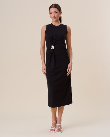 Gathered maxi dress with gold brooch