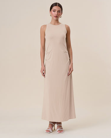 Pleated side jersey sleeveless maxi dress