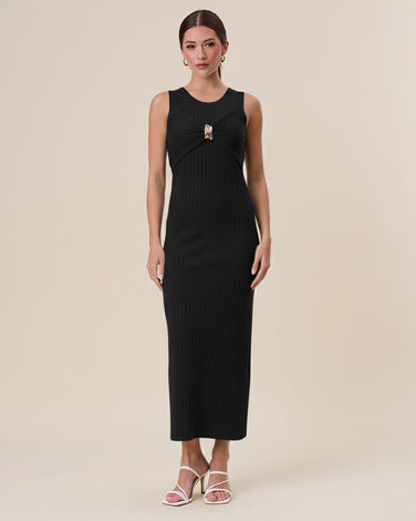 Gold metal ring rib-knit maxi dress