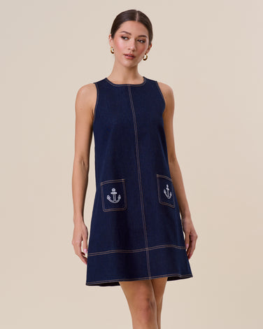 Embroidered stretch denim mini shift dress