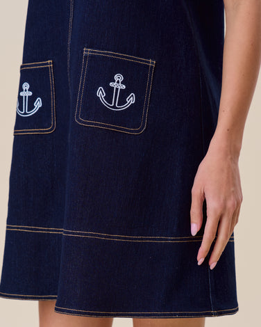 Embroidered stretch denim mini shift dress