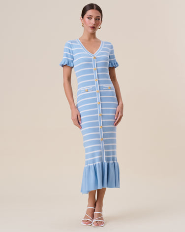 Button v-neck striped ruffle maxi dress