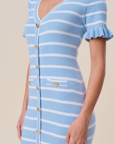 Button v-neck striped ruffle maxi dress