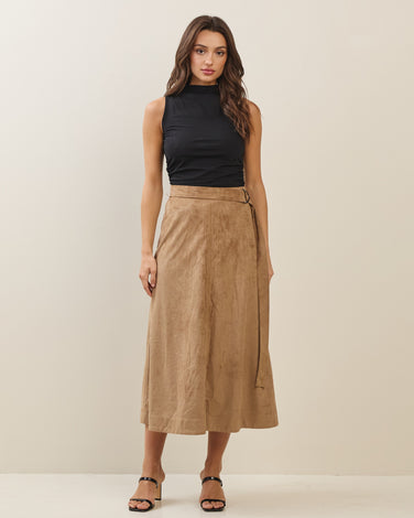 Belted A-line vegan suede skirt