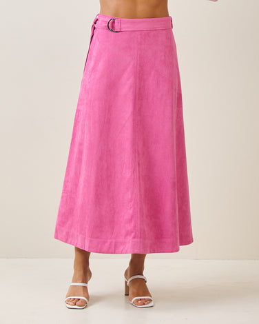 Belted A-line vegan suede skirt in Fuchsia
