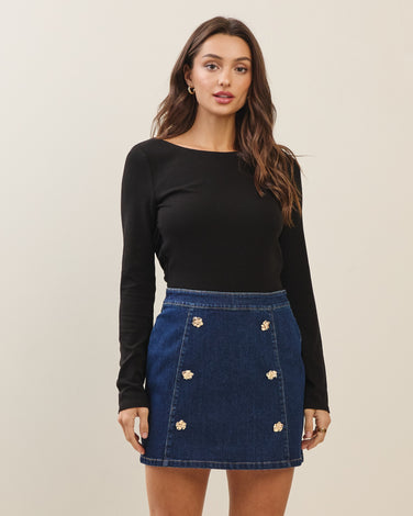 Flower button denim mini skirt