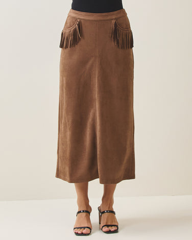 Vegan suede fringe pocket skirt