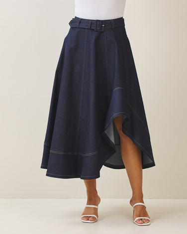 Asymmetrical belted denim midi skirt