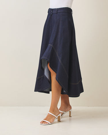 Asymmetrical belted denim midi skirt