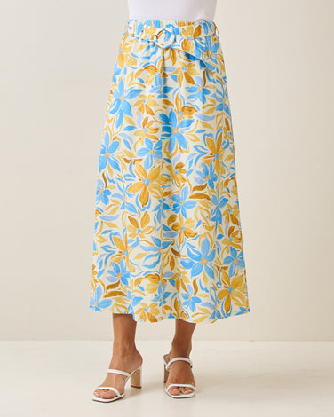 Belted floral midi skirt