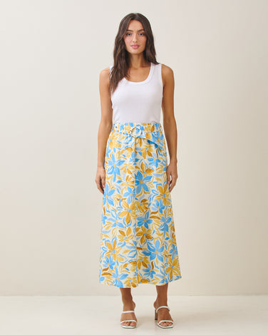 Belted floral midi skirt
