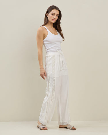 Lace trim linen-blend pants