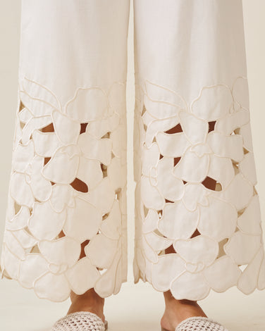 Floral embroidered cutout pants with waist tie