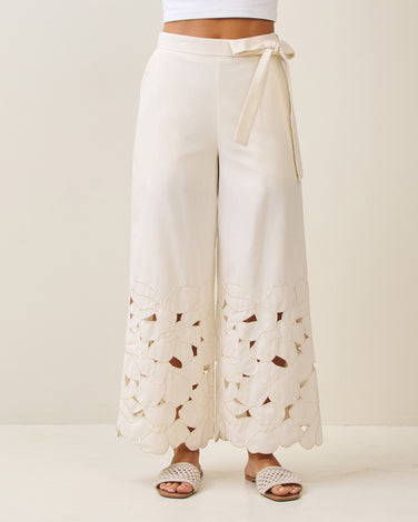 Floral embroidered cutout pants with waist tie