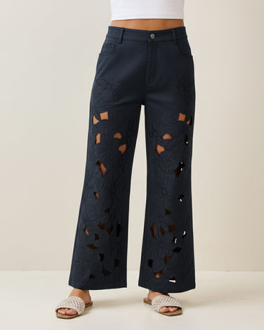 Floral embroidered cutout pants
