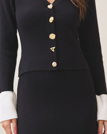 Jewel button two-tone knit top & skirt set