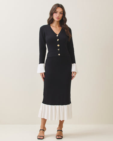 Jewel button two-tone knit top & skirt set