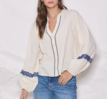 Lace Trim V-neck Button Blouse