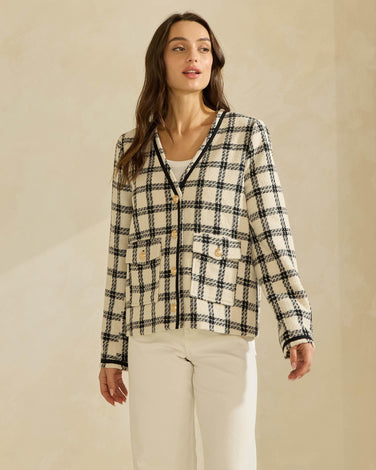 Plaid Collarless V-neck Jacket