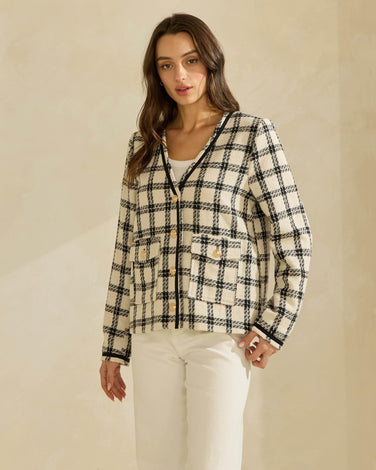 Plaid Collarless V-neck Jacket
