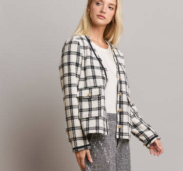 Plaid Collarless V-neck Jacket