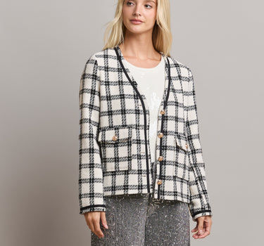 Plaid Collarless V-neck Jacket