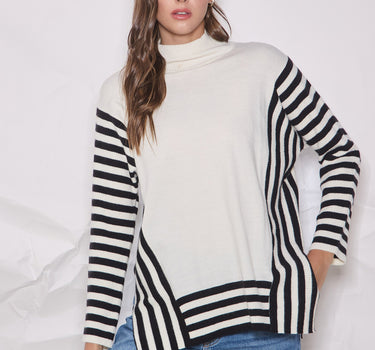 Mock Neck Colorblock Stripe Sweater