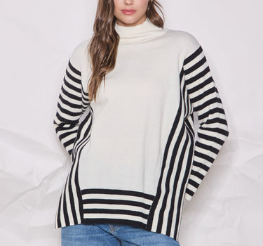 Mock Neck Colorblock Stripe Sweater