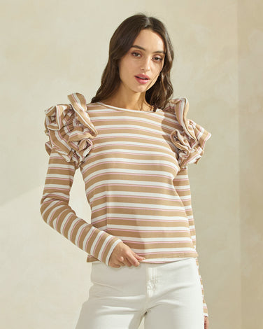 Striped Ruffle Shoulder Knit Top